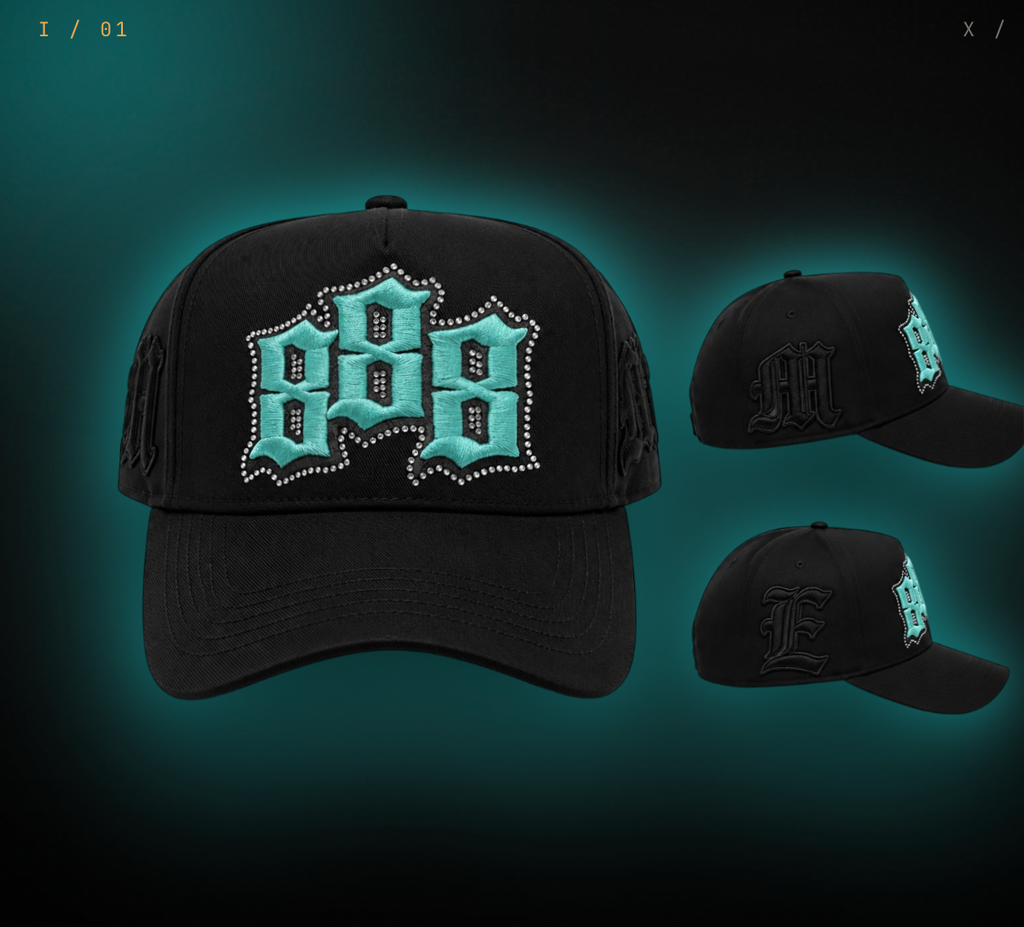 888 / Tiffany hat, rhinestone 888 patch detail
